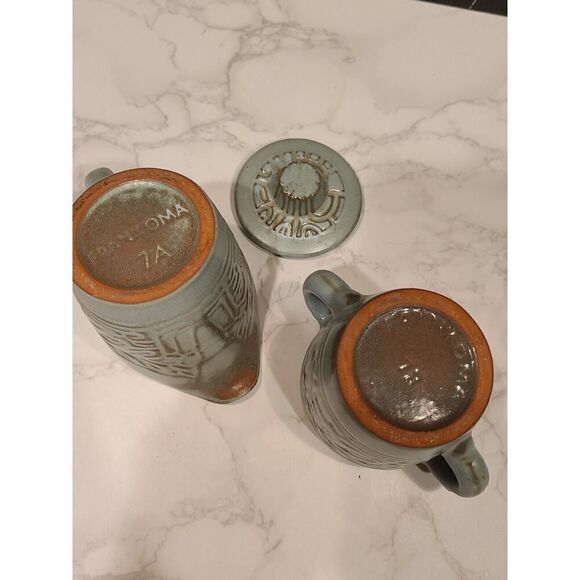 Vintage Frankoma Pottery Mayan Aztec Blue/Green Creamer 7A & Lidded Sugar 7B - Picture 7 of 8